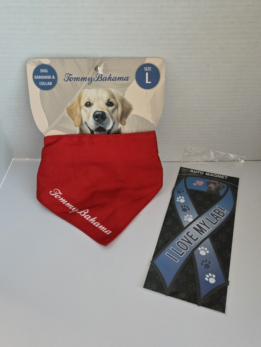 Tommy Bahama Dog Bandana w/Collar Red Large & I Love My Lab! Car Magnet Bundle